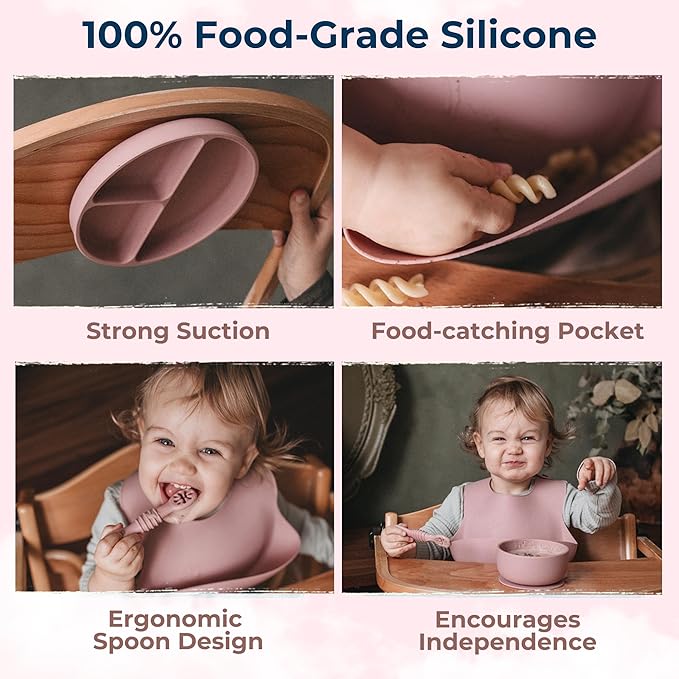 BPA-Free Silicone Baby Feeding Set ??Baby Utensils 6??2 Months, Suction Plate & Bowl, Cup, Bib & Training Spoons | Food Grade Silicone, Dishwasher Safe Baby Eating Set
