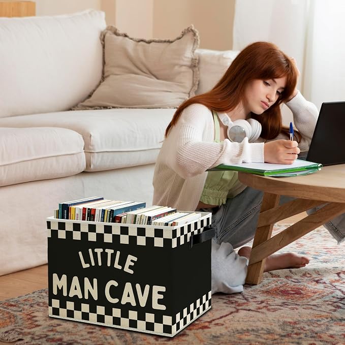 Little Man Cave Boys Storage Bins Box with Handles, Black White Checkered Collapsible Basket Organizer for Kids Boys Playroom Nursery Room Bedroom Bathroom Toys Books Clothes