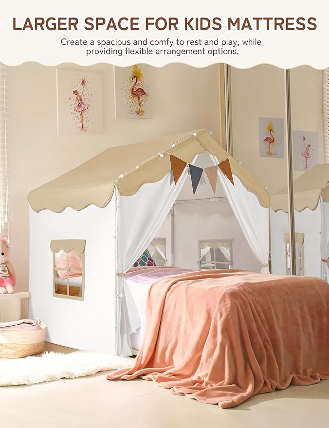 besrey Kids Play Tent 2 in 1 with Padded Mat and Lights, Large Kids Playhouse with 2 Doors & 4 Windows, Indoor & Outdoor, Christmas Toddler Tent, 51" x35" x 51" (Brown)
