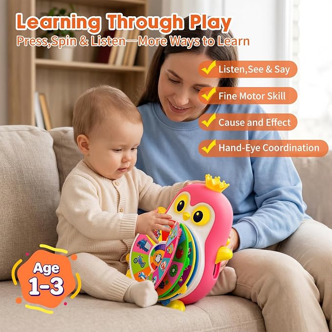 Musical Interactive Penguin Toys for 1 Year Old Girl Gifts ,Bilingual Educational Toy for Toddler 1-3 with 5 Themes&50 Words,Spin Lights & Sounds,First Birthday Gift for One Year Old Girls