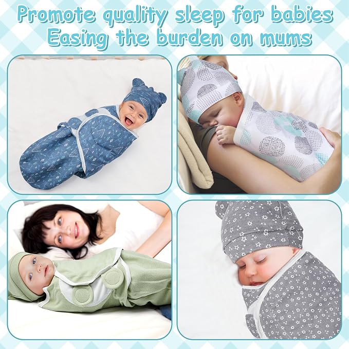 Ramede 6 Pack Swaddle Blanket with Hats for Baby Girl Boy 100% Cotton Swaddles 0-3 Months, Adjustable Breathable Skin Friendly Receiving Blanket Wrap, Essential for Newborns(Groovy,Grey)