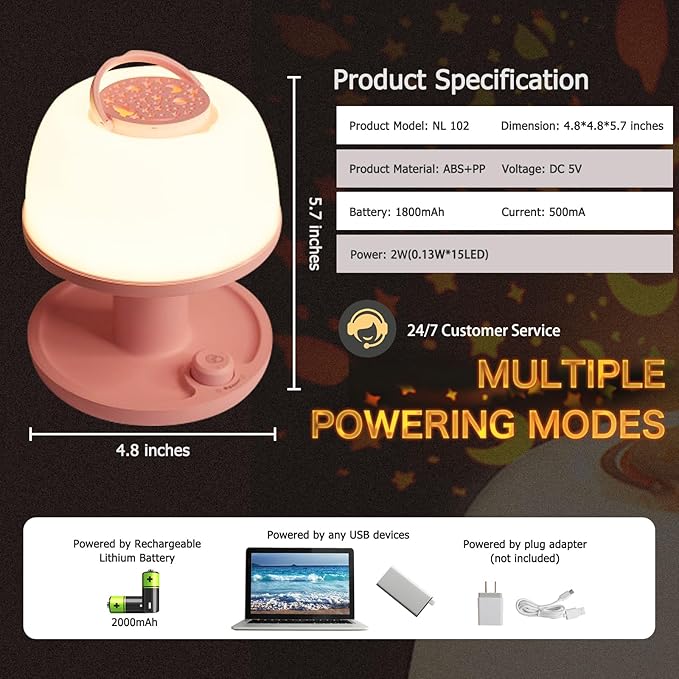 LICKLIP Toddler Night Light Lamp, Dimmable LED Bedside Lamp with Star Projector, Kids Lights Timer Design & Color Changing, Portable Rechargeable Cute Gifts for Children Bedroom