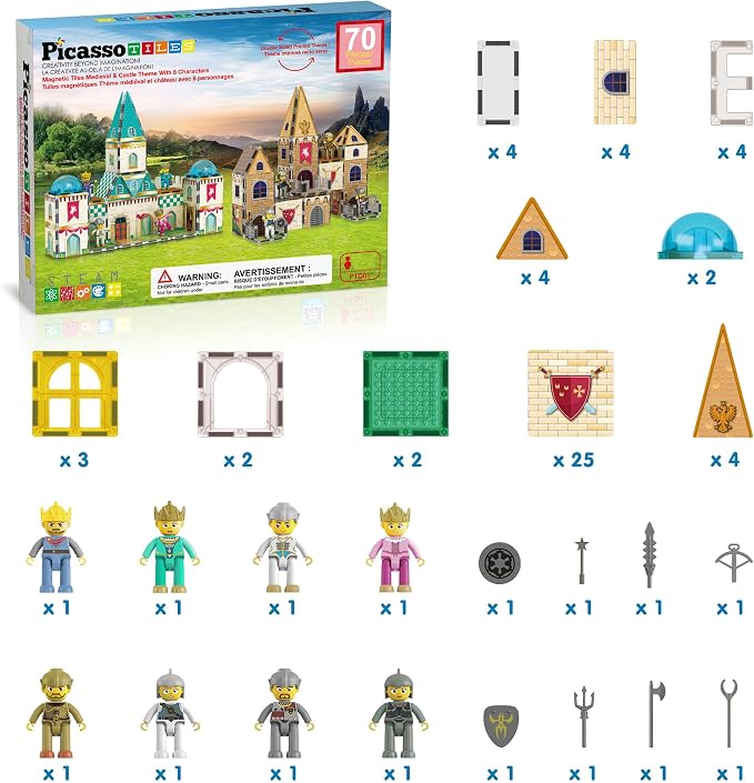 PicassoTiles 70pc Middle Age Medieval and Castle Theme Tile 2in1 8 Character Action Figures Magnet Tiles Building Block Pretend Magnetic Play Fine Motor Skill STEM Educational Construction Age3+ PTQ01