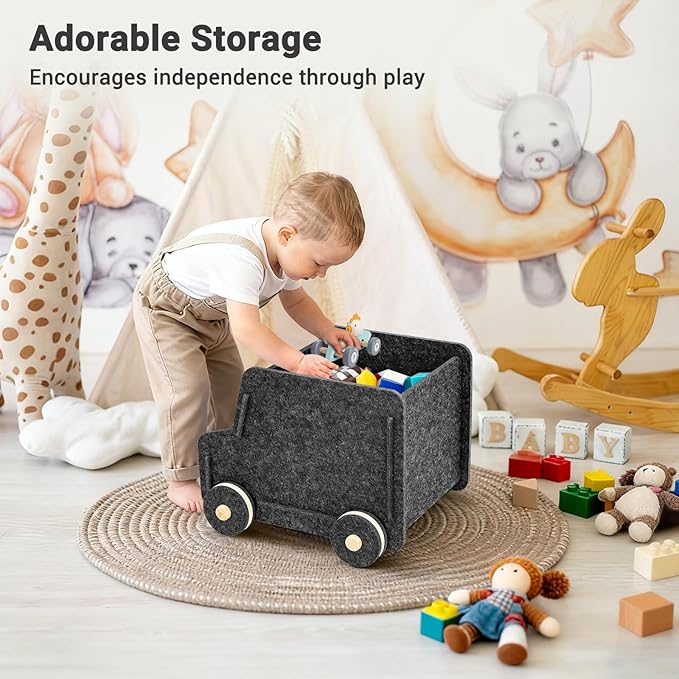 Toy Storage Box with Wheels, Soft Felt Toy Organizers and Storage for Kids, 17" x 12" x 12", 10 Gal, Multifunction Toy Chest for Living Room, Playroom, Nursery - Dark Gray