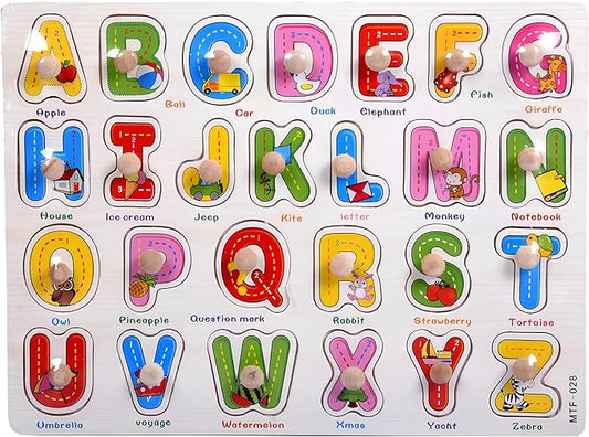 Alphabet Puzzle Wooden for Toddlers 3+ Years Old - Montessori ABC Learning Toy with Letter Blocks & Wooden Board - Preschool Educational Toy for Boys & Girls - Early Literacy & Fine Motor Skills