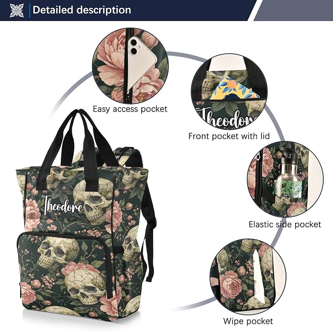 Personalized Mossy Skull Peonies Diaper Bag Large Cap Travel Mom Dad