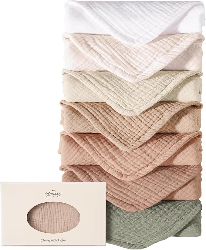 Konssy Muslin Baby Burp Cloths Sets for Unisex- 7 Pack Soft 100% Cotton Burping Clothes for Newborn，Baby Girls and Boys