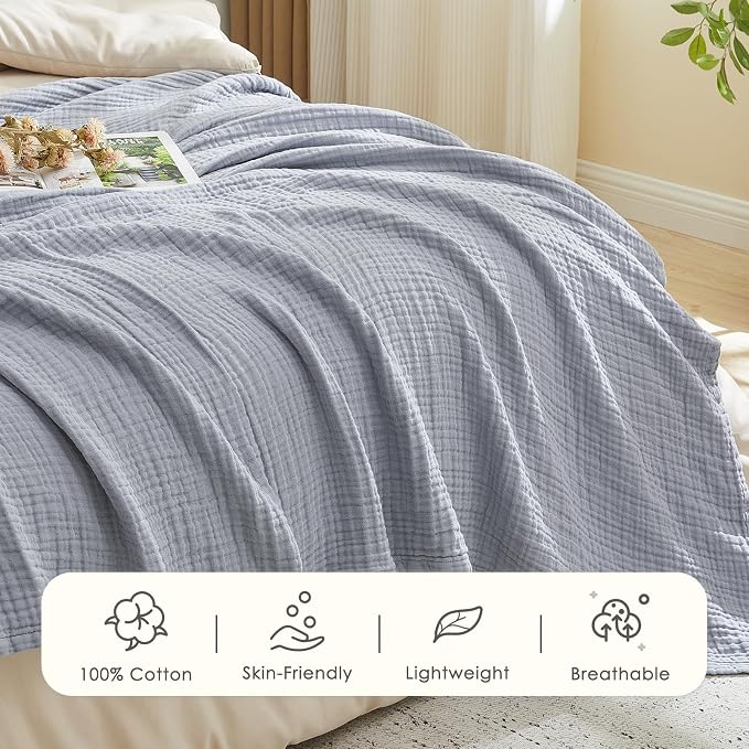 EMME Cotton Muslin Large Throw Blanket Couch Breathable Gauze Blanket Soft Lightweight Bed Blankets Adults (Dusty Blue, 50"x71")