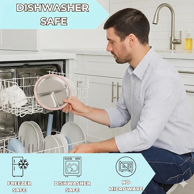 Stainless Steel Baby & Toddler Plate with Suction, Set of 2 Divided Plates with Removable Silicone Sleeves, Non Toxic BPA Free Non-Slip Unbreakable Kids Dishes (Tofu & Pearl Blush)