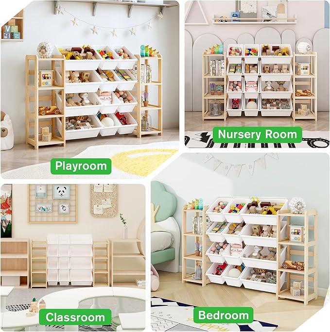 MallBest Extra Wide Toy Storage Organizer with 12 Bins and Dual Bookshelves ??Solid Pine Wood Kids Toy Shelf and Bookcase for Bedroom, Nursery, or Montessori Playroom, (Natural)
