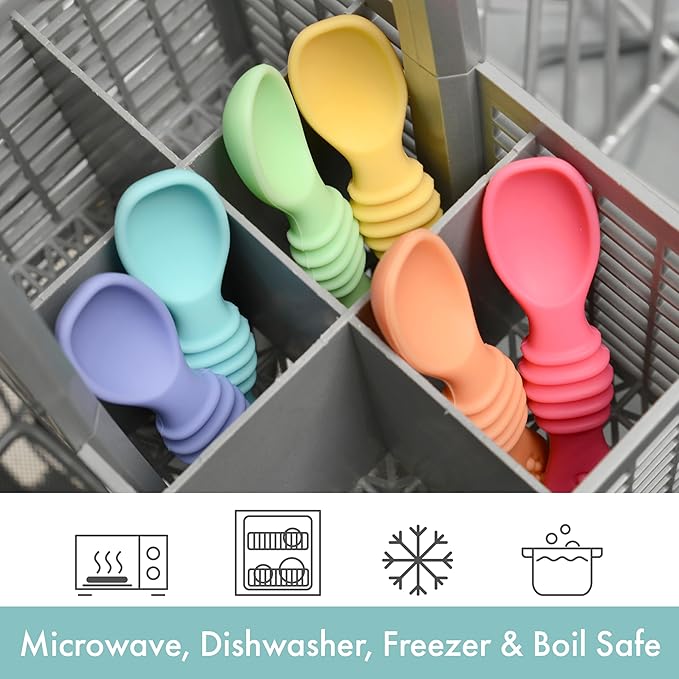 PrimaStella Silicone Chew Spoon Set for Babies and Toddlers | Safety Tested | BPA Free | Baby Spoon 6 Pack (Bright Rainbow)