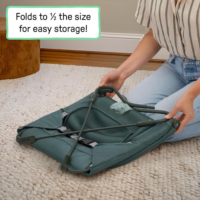 Ingenuity Stow & Go Compact Folding Baby Bouncer, Lightweight Portable Seat with Vibration, Green, Under 5 lbs