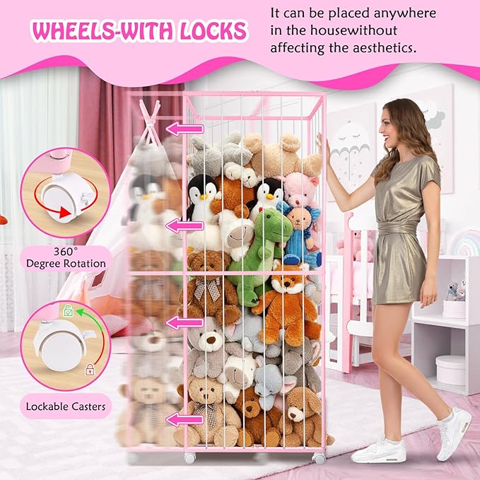 Stuffed Animal Storage, Metal Tube Extra Large Toy Storage Organizer with Brake Wheels, Stuffed Animal Holder Zoo Organizer for Nursery Playroom Kids Room Pink(61??x 23.6?�x 16.5??