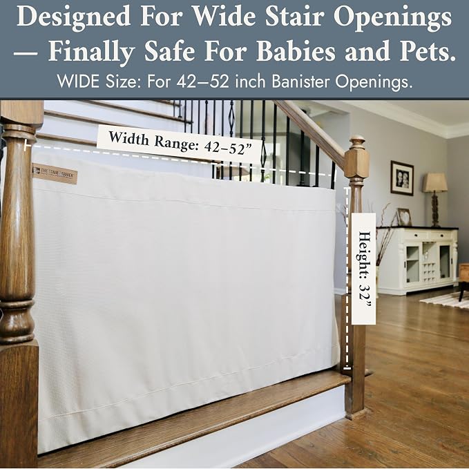 The Stair Barrier First Fabric Banister to Banister Baby Gates for Stairs 42”–52” Wide x 32” Tall– No Drill Baby Gate for Top or Bottom Staircase, Machine-Washable Climb Proof, Designed in USA, Cream