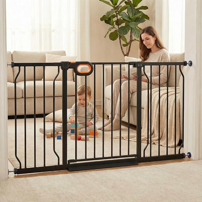 Baby Gates Extra Wide for Doorways 57.5-62.2 Inch Extra Wide Pressure Mounted Baby Dog Gate for the House Indoor Large Openning Metal Safety Gate No Drilling with Walk-Through Door,Black