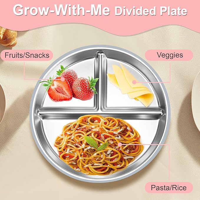 Bella?™s Friends Stainless Steel Baby Plates with Suction 3 Pack, 8??Divided Toddler Plates with Removable Silicone Sleeves for Mess-Free Feeding, Non-Toxic, Non-Slip, Dishwasher Safe, beige,gray,green