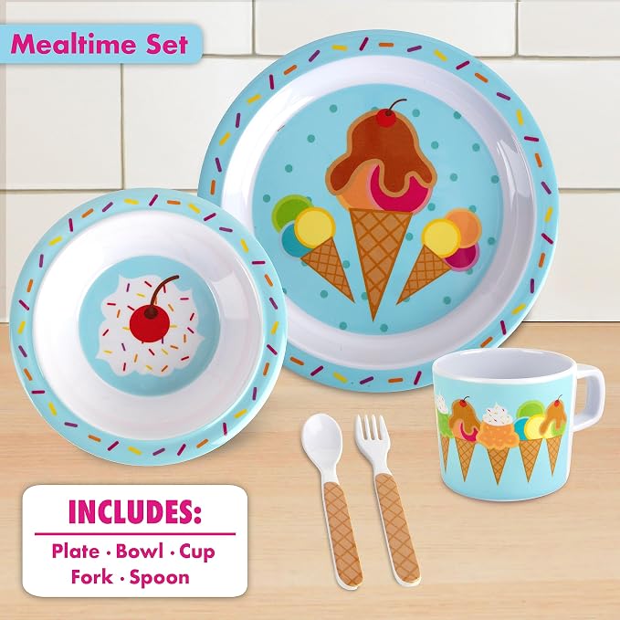 Bentology 5 Pc Mealtime Set for Kids - Ice Cream Theme - Includes Raised Edge Plate & Bowl, Cup, Fork & Spoon- Dishwasher Safe, BPA Free- Cute Durable Dish, Easy Self-Feeding- Gift for Toddlers