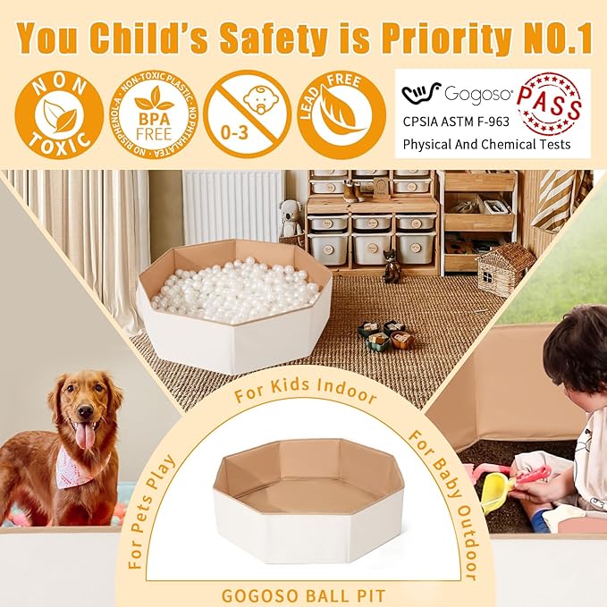 GOGOSO Foldable Ball Pit for Toddlers Large Soft Indoor Outdoor Pop Up Baby Kids Infant Ballpit Big Collapsible Puppy Dog Cat Pits with Basketball Hoop (Balls Not Included) White