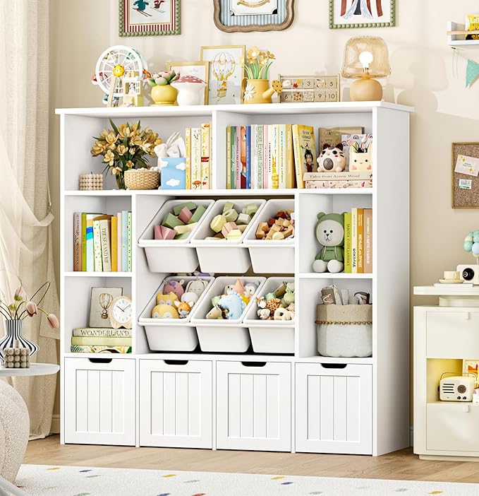 FINETONES Toy Storage Organizer with 6 Toy Bins, Large Toy Organizers and Storage with 4 Movable Drawers and 6 Storage Cubbies, Kids Toy Storage and Toy Chest for Playroom and Kids Room, White