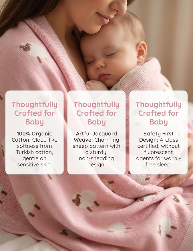 Organic Cotton Baby Blanket - Soft Luxury Knit Receiving Blanket for Newborns & Toddlers, Cozy Breathable Stroller Blanket with Pattern, Unisex, 30x40Inch（Sheep-Pink）