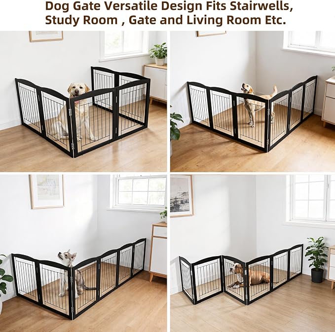 ZJSF Freestanding Foldable Dog Gate for House Extra Wide Wooden Black Indoor Puppy Gate Stairs Dog Gates Doorways Tall Pet Gate 6 Panels Fence