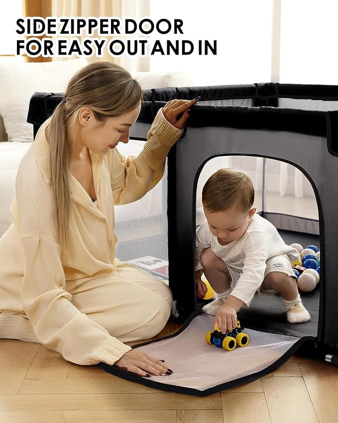 Upgraded Dearlomum Baby Playard, 50"x50" Baby Playpen with Gate, Anti-Slip Thick Base & Soft Mesh Sides, Indoor & Outdoor Activity Center for Toddlers (Black)