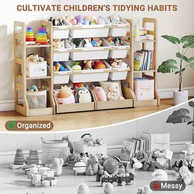 Kids Toy Storage Organizer with Bookshelf, Wooden Toy Shelf with 6 Shelves and 9 Bins and 2 Wheeled Drawers, Extended Base Storage Cabinet for Playroom, Kids Room, Nursery Organization