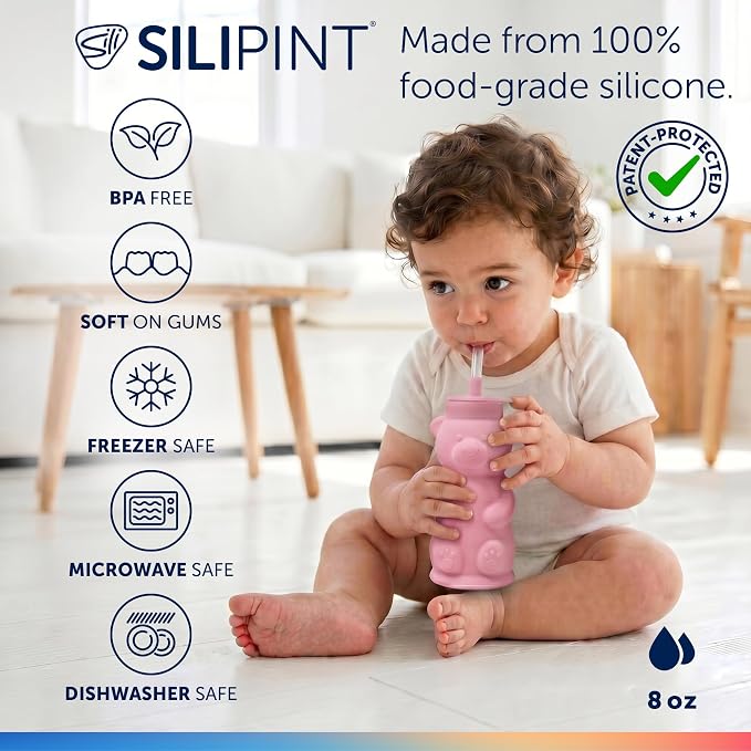 Silipint Honey Bear Straw Cup for Baby & Toddler – Soft Silicone Squeeze Training Straw Cup, Leak-Resistant Baby Sippy Cup for Bottle Transition, BPA Free, Dishwasher Safe, 8 oz Pink