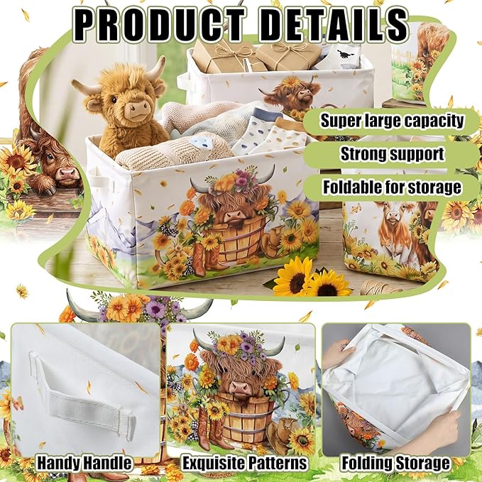 4 Pcs Highland Cow Storage Bin Collapsible Western Cow Themed Fabric Storage Basket with Handle American Country Style Organizer for Home Bathroom Bedrooms Baby Clothes Toys Books