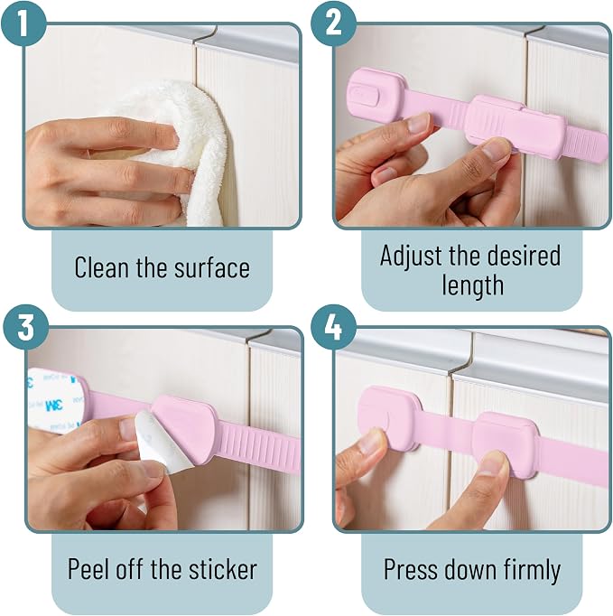 Bates- Child Safety Strap Locks, 12 Pack, Baby Pink, Child Locks for Cabinets and Drawers