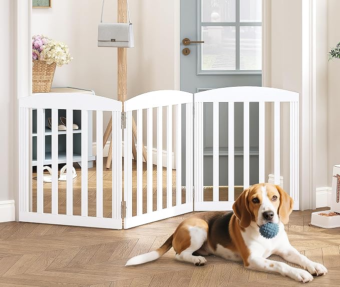 SPIRICH Dog Gate Indoor, Dog Gates for Doorways, Stairs, The House, Wooden Freestanding Foldable Pet Gate, Extra Wide Step Over Puppy Gate, 3 Panels, White