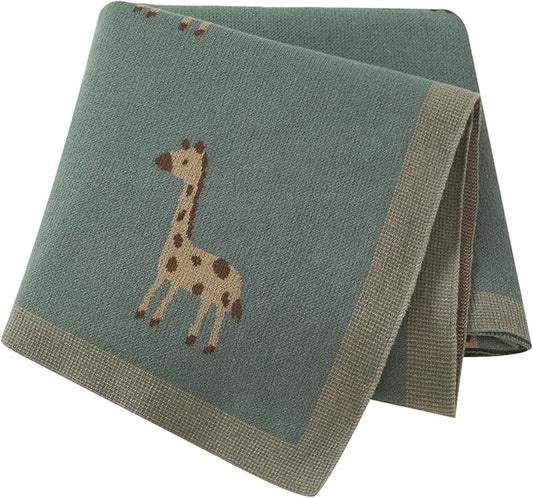 Opewod Soft Cotton Knit Baby Blanket with Cute Deer Print 40x30in Newborn Receiving Blanket Swaddle Cuddle Blanket for Crib, Stroller, or Nursery for Infants & Toddlers Dark Green