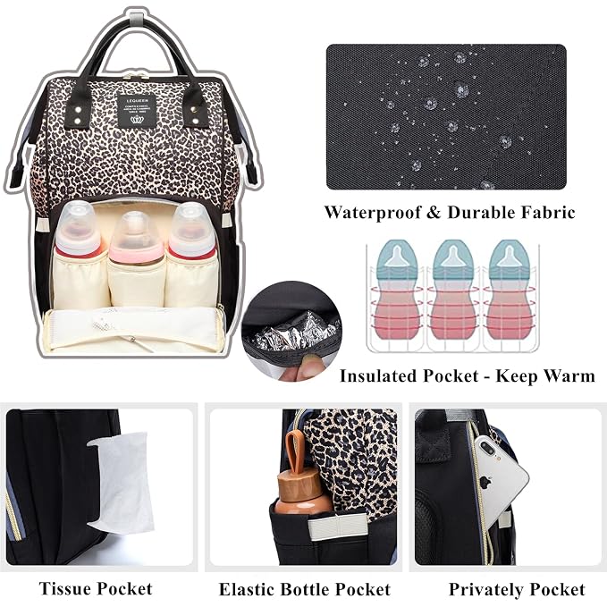 Leopard Print Diaper Bag Backpack Multi-Function Diaper Bag for Baby Care Waterproof Travel Baby Bag for Mom Gray