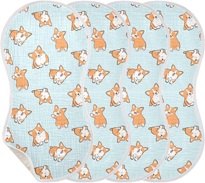 Muslin Baby Burp Cloths, Cute Corgi Dog Muslin Washcloths Baby Bibs Rags Comfy Soft Absorbent in for Newborn Boys and Girls 4 Piece 22 x 11 Inch