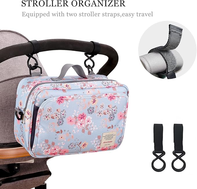 SONARIN Pram Buggy Bag Organiser & Stroller Organiser,Large Stroller Storage with Deep Cup Holder,2 x Pram Hooks,Shoulder Strap Used as Carry-On Handbag,Universal Fit All Buggy Models(Flower)