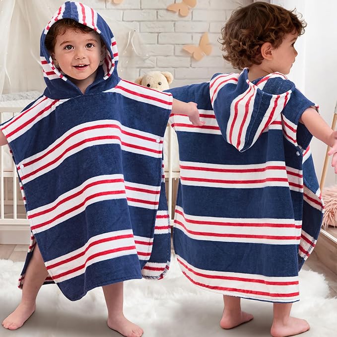 VOOVA & MOVAS Hooded Baby Towel, Oversized (2-4Years,21"X21") Made from 100% Soft Cotton,Absorbent Hooded Poncho Towel for Baby Girl,Perfect for Pool | Swimming | Bath | Beach,Navy Red Stripe