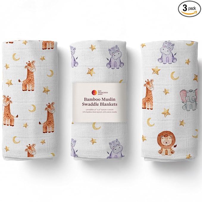 San Francisco Baby Muslin Swaddle Blankets, 3-Pack - Soft Bamboo Rayon and Cotton Receiving Blankets for Boys & Girls - Adorable Animal Design
