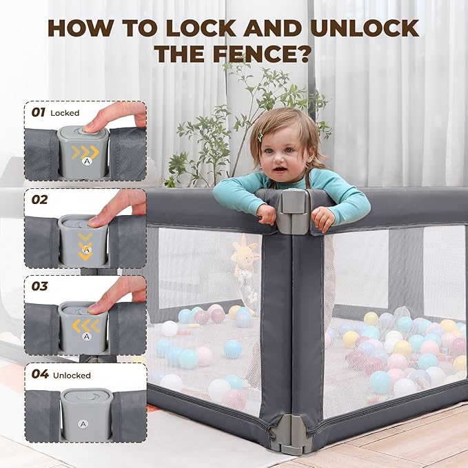 Dripex Portable Folding Playpen, 71"×69" Extra Large Baby Playpen, Indoor/Outdoor Safety Gate ??Collapsible Play Pen with Dual Gates & Breathable Mesh, Grey
