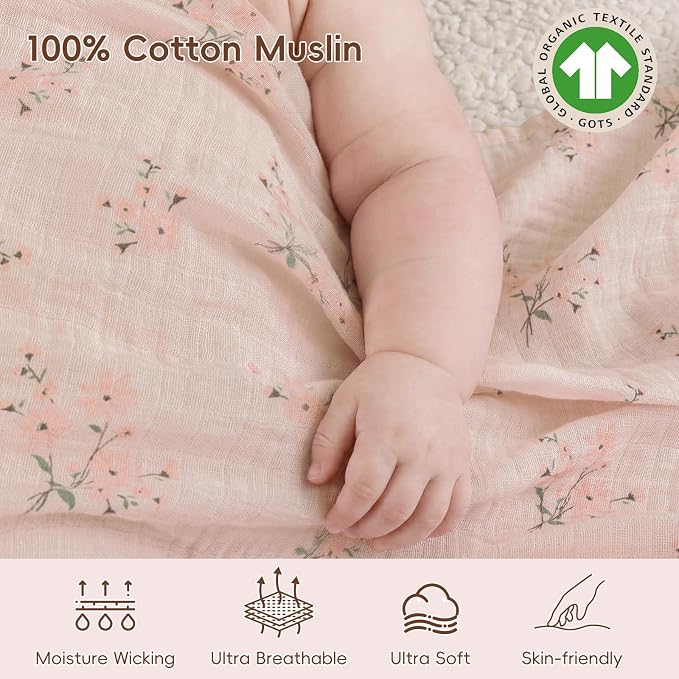 david's kids 4 Pack Baby Muslin Swaddle Blankets, 100% Cotton and Ultra Soft Breathable Receiving Blanket Wrap for Girls, New Born Essentials, Large 47 x 47 inches, Animals & Floral