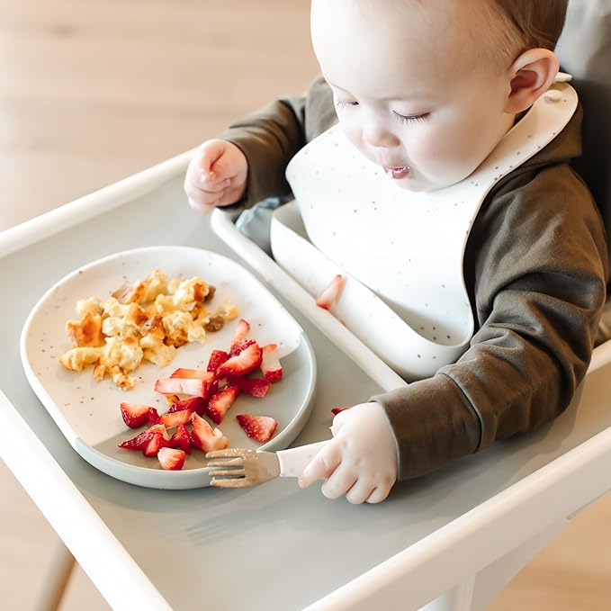 Yeah Baby Goods Silicone Plate for Highchair Trays & Full Set Tables - Duo-Toned, Modern Terrazzo Kids Plates - Dishwasher & Microwave Safe Plates - Non-Suction Baby Dishes (Sage/Brown Speckle)