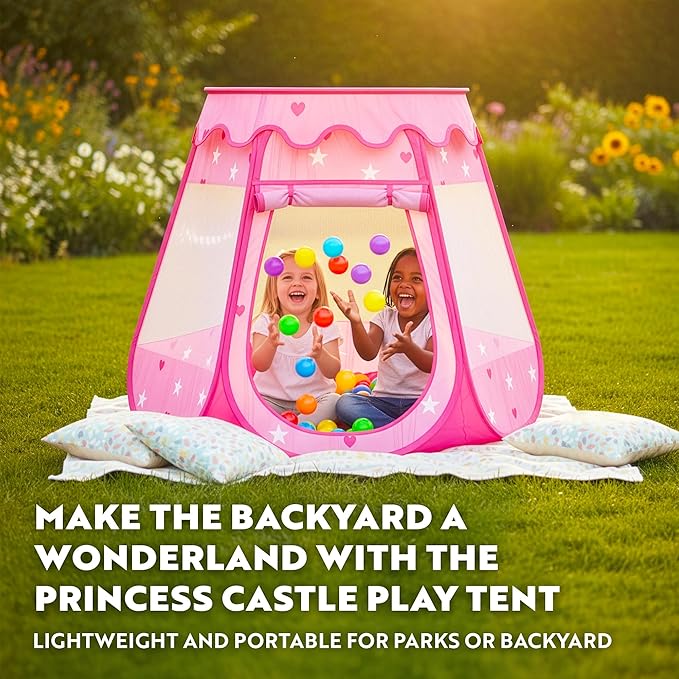 Playz Ball Pit Princess Castle Play Tent for Girls w/ 50 Balls Included - Pop Up Children Play Tent for Indoor & Outdoor Use - Playland Playhouse Tent w/ & Glow in The Dark Stars & Zipper Storage Case