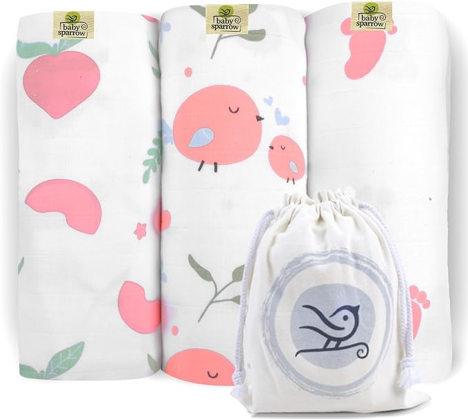 BabySparrow Muslin Swaddle Blankets 3-Pack – Pink Bird 47x47 Cotton Baby Swaddles for Newborns, Soft Breathable Receiving Blankets & Newborn Essentials, for Girls & Boys