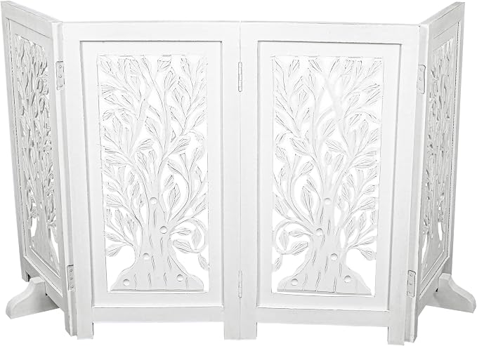 Decorative Wooden Dog Gate, 4 Panel Free Standing Folding Pet Fence, 56x28 Inch Indoor Dog Barrier for Doorway or Hallway, Sadie Design, White Antique