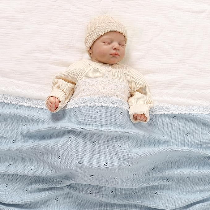 Hadetoto Cotton Lace Knit Baby Blankets, Super Soft Lightweight Crib Blanket for Infant Boys Girls, Nursery Bedding (Light Blue)