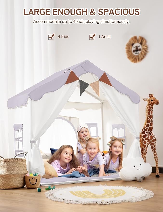 Besrey Kids Play Tent 2 in 1 with Padded Mat and Lights, Large Kids Playhouse with 2 Doors & 4 Windows, Indoor & Outdoor, Christmas Toddler Tent, 51" x35" x 51" (Purple)