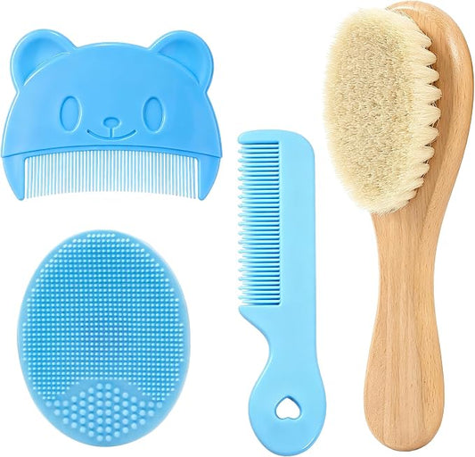Cradle Cap Brush Baby Hair Brush and Comb Set for Newborns, Baby Bath Brush Soft Wool Hairbrush Silicone Massage Brush