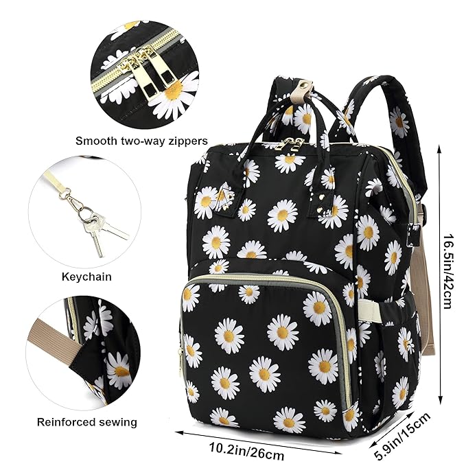 Floral Diaper Bag Backpack for Baby Girls Boys, Flowers Mom Nappy Bags for Women (Daisy Black)