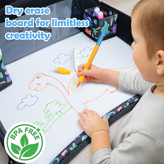 2Pcs Kids Travel Tray for Toddler Carseat, Road Trip Activities Essentials for Toddler, Kids Lap Desk Tray with Tablet Holder Stand ï¼?Dry Erase Board (Dinosaur & Mermaid)