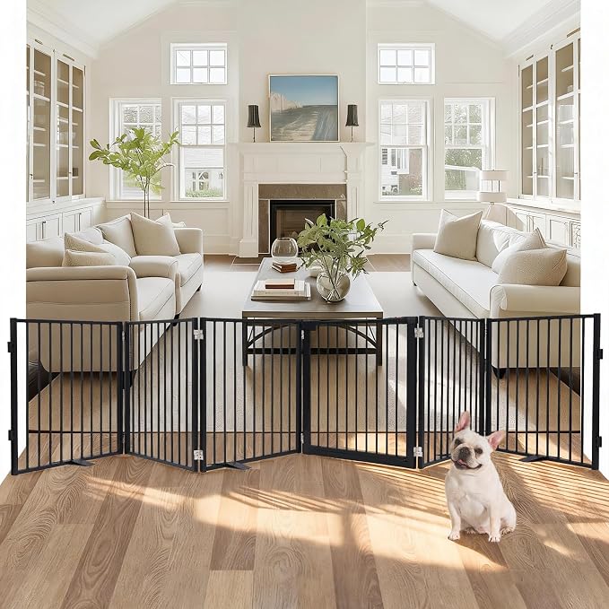 Snagle Paw Extra Wide Dog Gate,Free Standing Dog Fence with Door, Up to 156 Inch Wide Pet Gate with Support Feet for Stairs, Hallways, Doorways, Yard (Black, 6 Panels)
