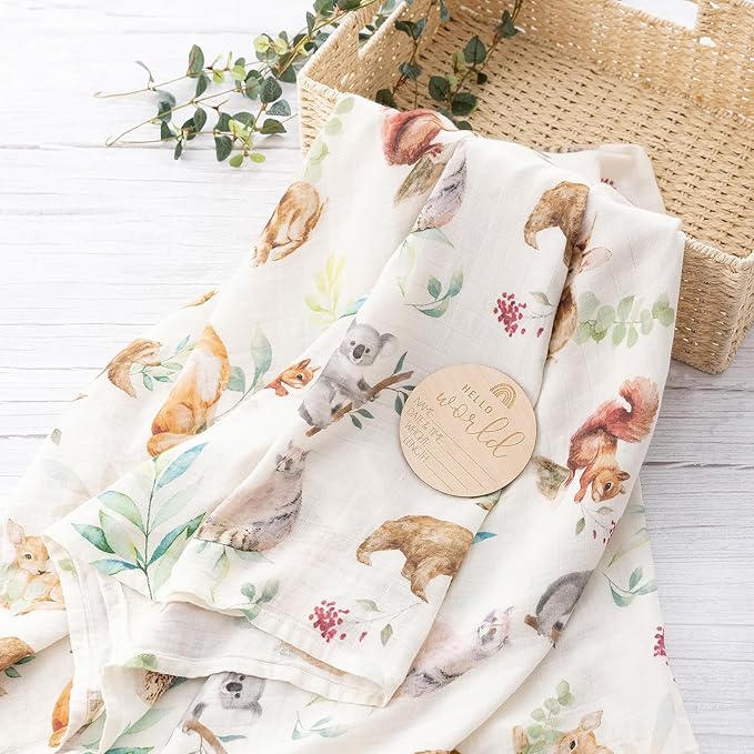 BabyWhale Muslin Swaddle Blanket with Hat and Headband Bow, Animals Print Swaddle Set for Baby Boys ï¼?Girls, Newborn Silky Soft Receiving Blanket Wrap, 47x47 inches